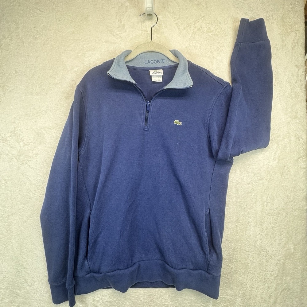 Lacoste Quarter Zip Sweatshirt Men's Medium Blue Pullover Croc Logo‎ Pockets